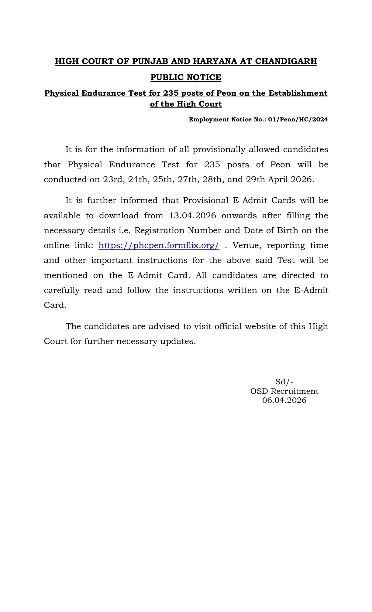 Official Scorecard Link for Punjab and Haryana High Court Peon Physical Test Date 2026 OUT (Direct Link) - Admit Card, PET Schedule @ highcourtchd.gov.in