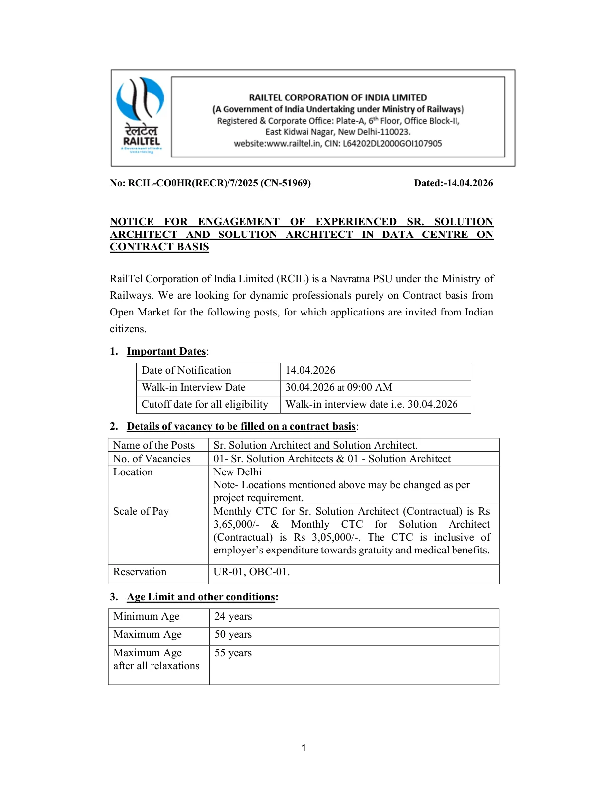 Official Recruitment Notification for RailTel Recruitment 2026 Walk-in on 30 April for Sr. Solution Architect and Solution Architect Posts