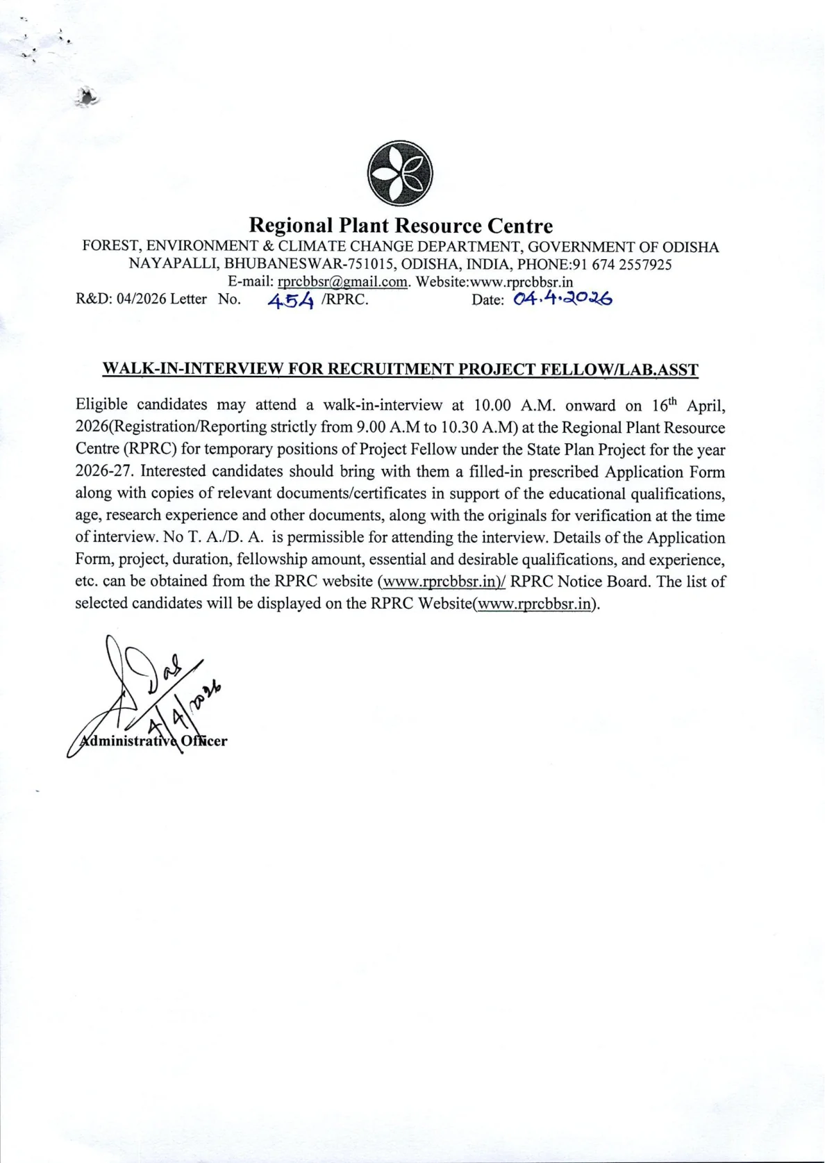 Official Recruitment Notification for Regional Plant Resource Centre Project Fellow/ Lab Assistant Recruitment 2026 - Walkin for 14 Posts