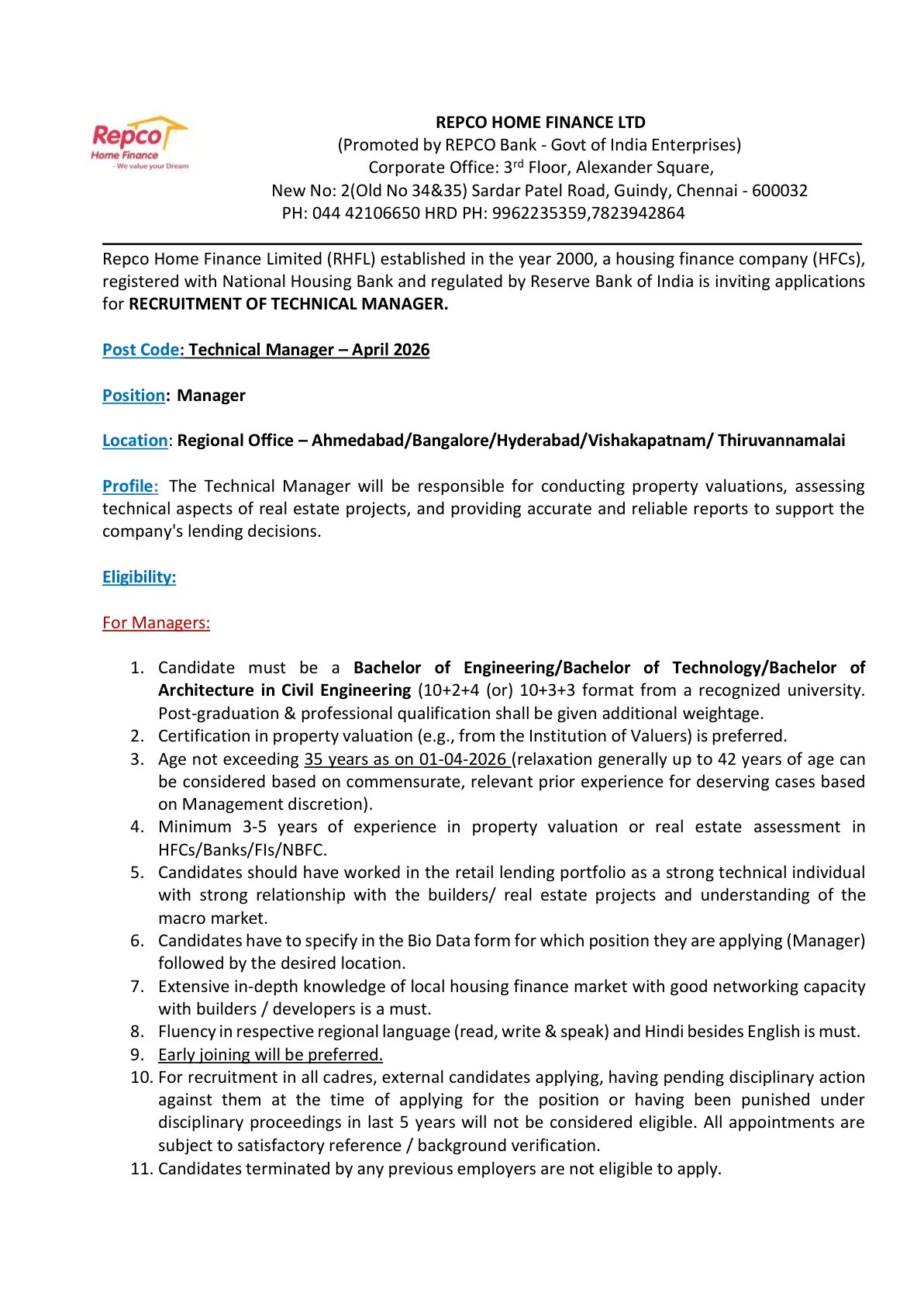 Official Recruitment Notification for RHFL Technical Manager Recruitment 2026 for Manager Role: Eligibility, Locations, Last Date and How to Apply