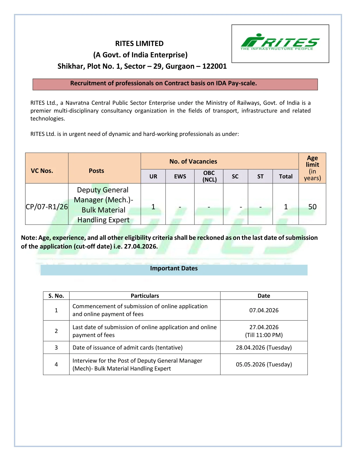 Official Recruitment Notification for RITES Deputy General Manager Recruitment 2026 - Apply Online