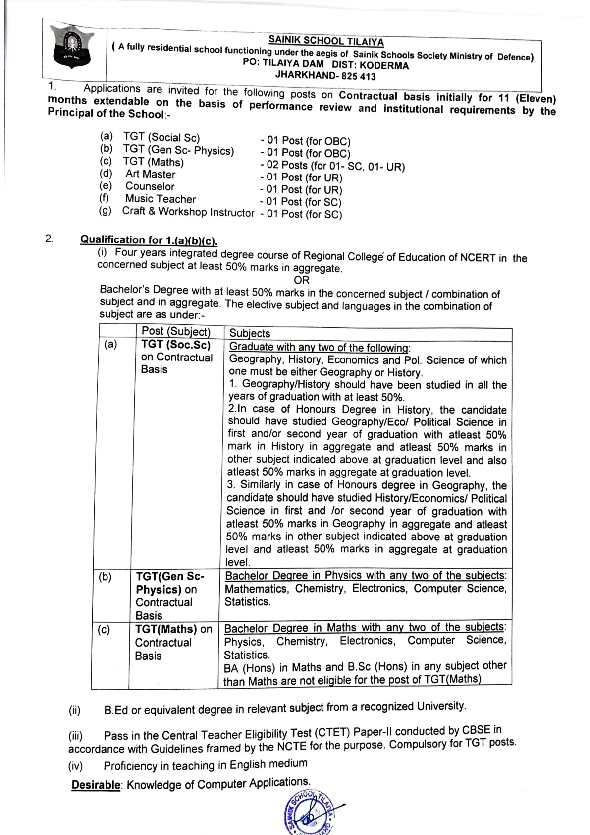 Official Recruitment Notification for Sainik School Tilaiya Recruitment 2026: offline form, eligibility, fee, salary and last date for Counselor, Art Master and other posts