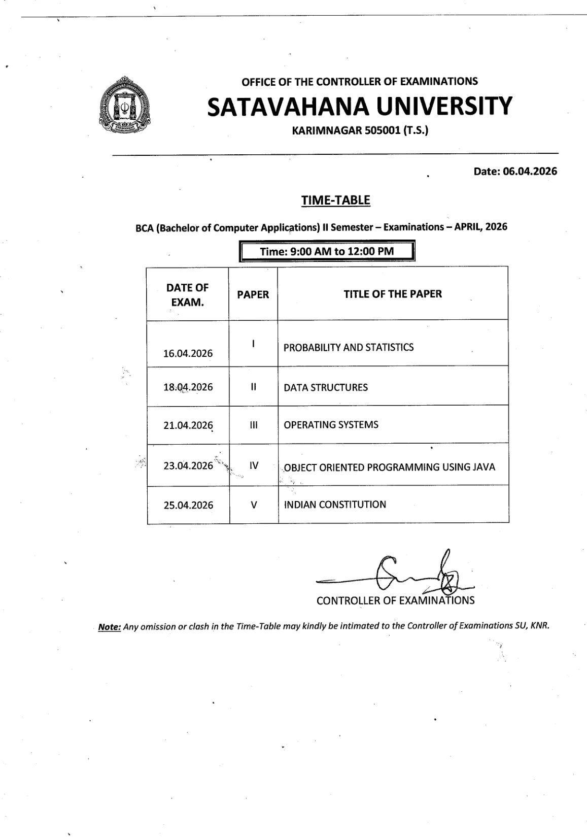 Official Exam Notice for Satavahana University BCA & B.Sc Time Table 2026 - Exam Dates & Schedule PDF at satavahana.ac.in