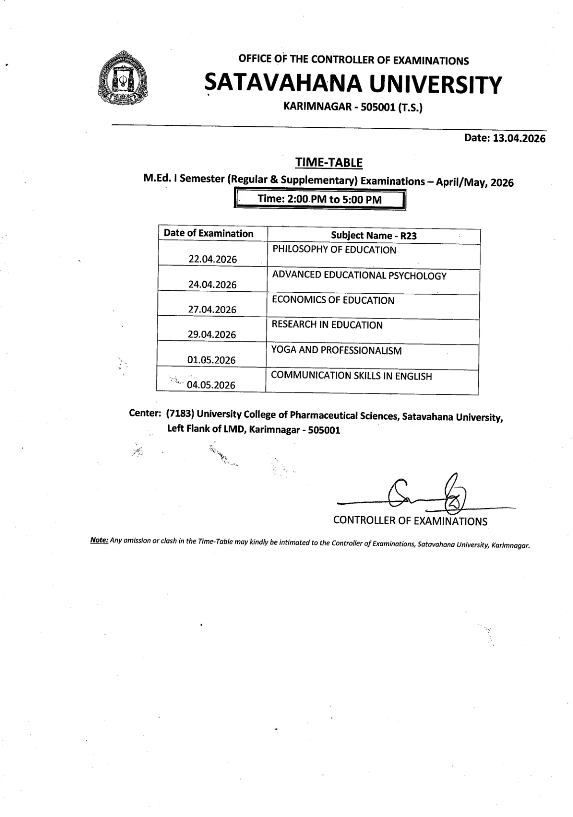 Official Exam Notice for Satavahana University M.Ed Time Table 2026 Out at satavahana.ac.in
