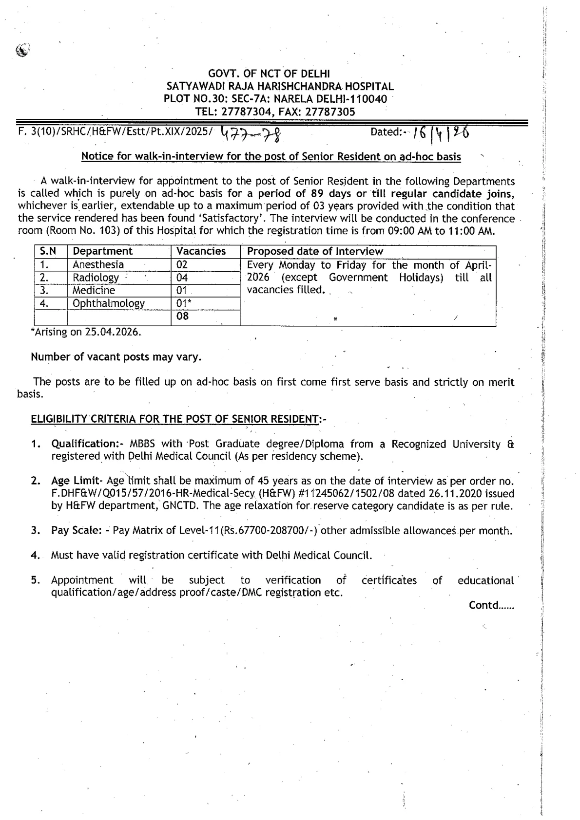 Official Recruitment Notification for SRHC Hospital Senior Resident Walk-in Recruitment 2026: 8 posts, departments, eligibility and interview timing