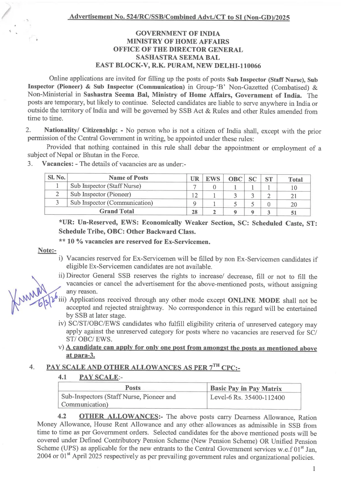 Official Recruitment Notification for SSB SI Recruitment 2026 for 51 Staff Nurse, Pioneer and Communication Posts: Eligibility, Vacancy and Application Status