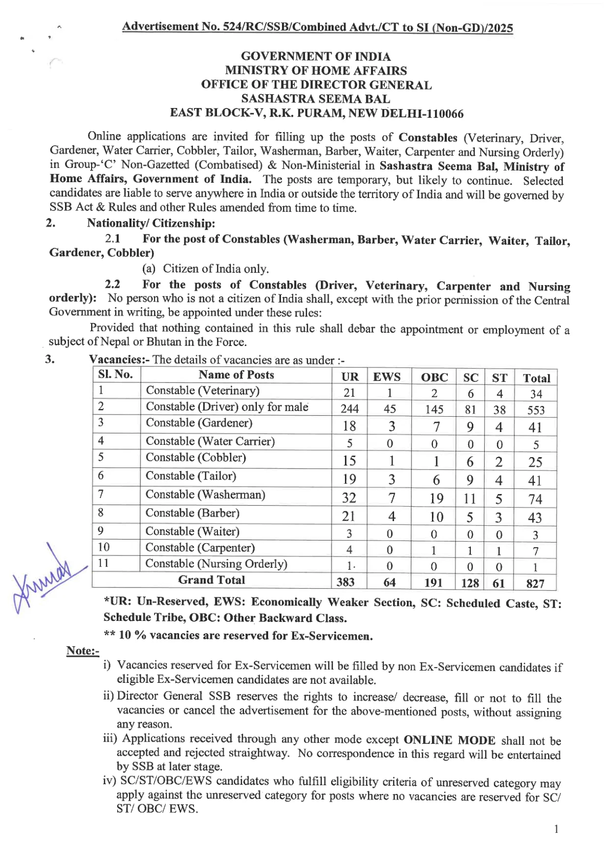 Official Recruitment Notification for SSB Recruitment 2026 for 827 Constable Tradesman Posts: Eligibility, Vacancy, PET and Application Status