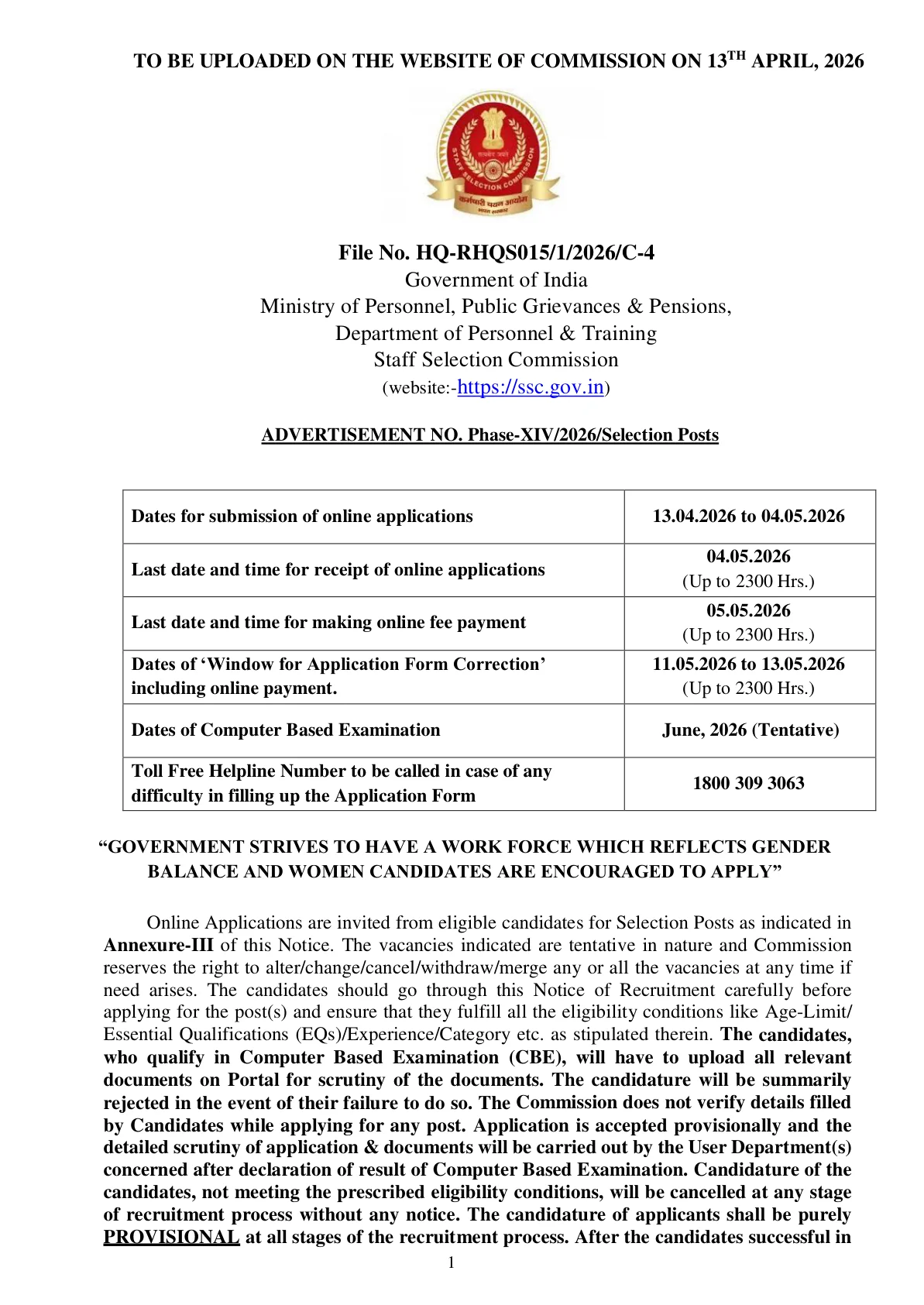 Official Recruitment Notification for SSC Selection Post Phase 14 Recruitment 2026: Region-wise Vacancy, Revised 2919 Posts, Apply Online Dates and Official Notice