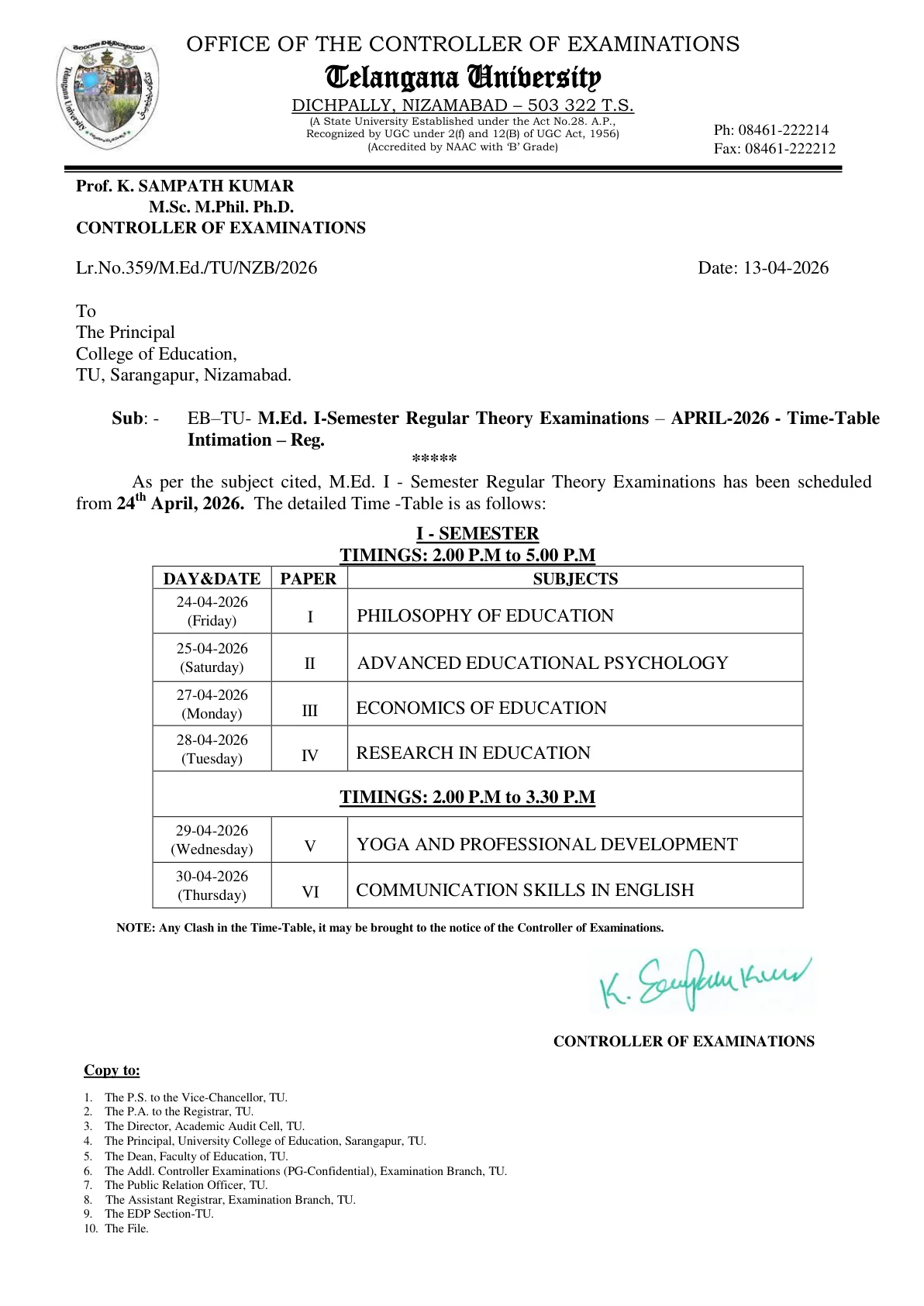 Official Exam Notice for Telangana University Time Table 2026 Out for M.Ed I Semester Regular Exams
