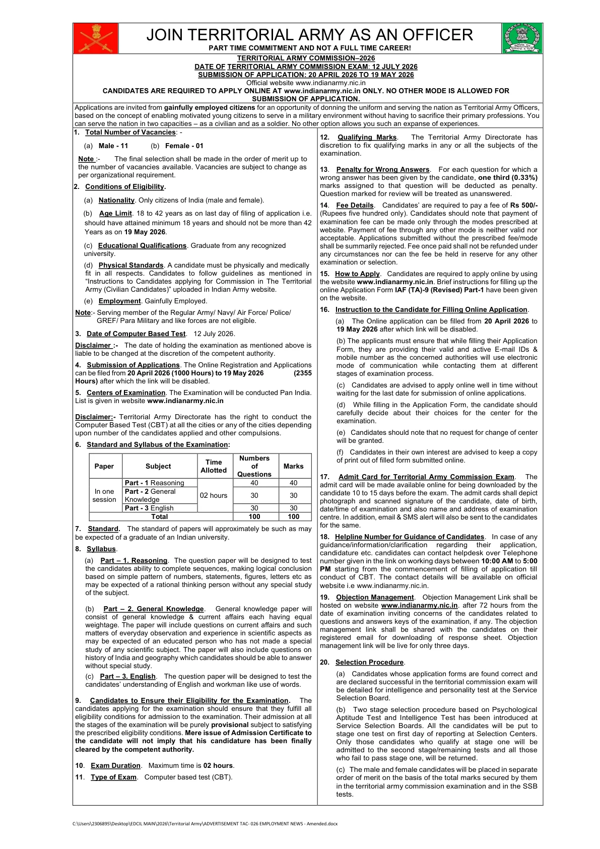 Official Recruitment Notification for Territorial Army Officer Recruitment 2026: Apply Online for 12 Posts, Check Eligibility, Exam Date and Selection Process
