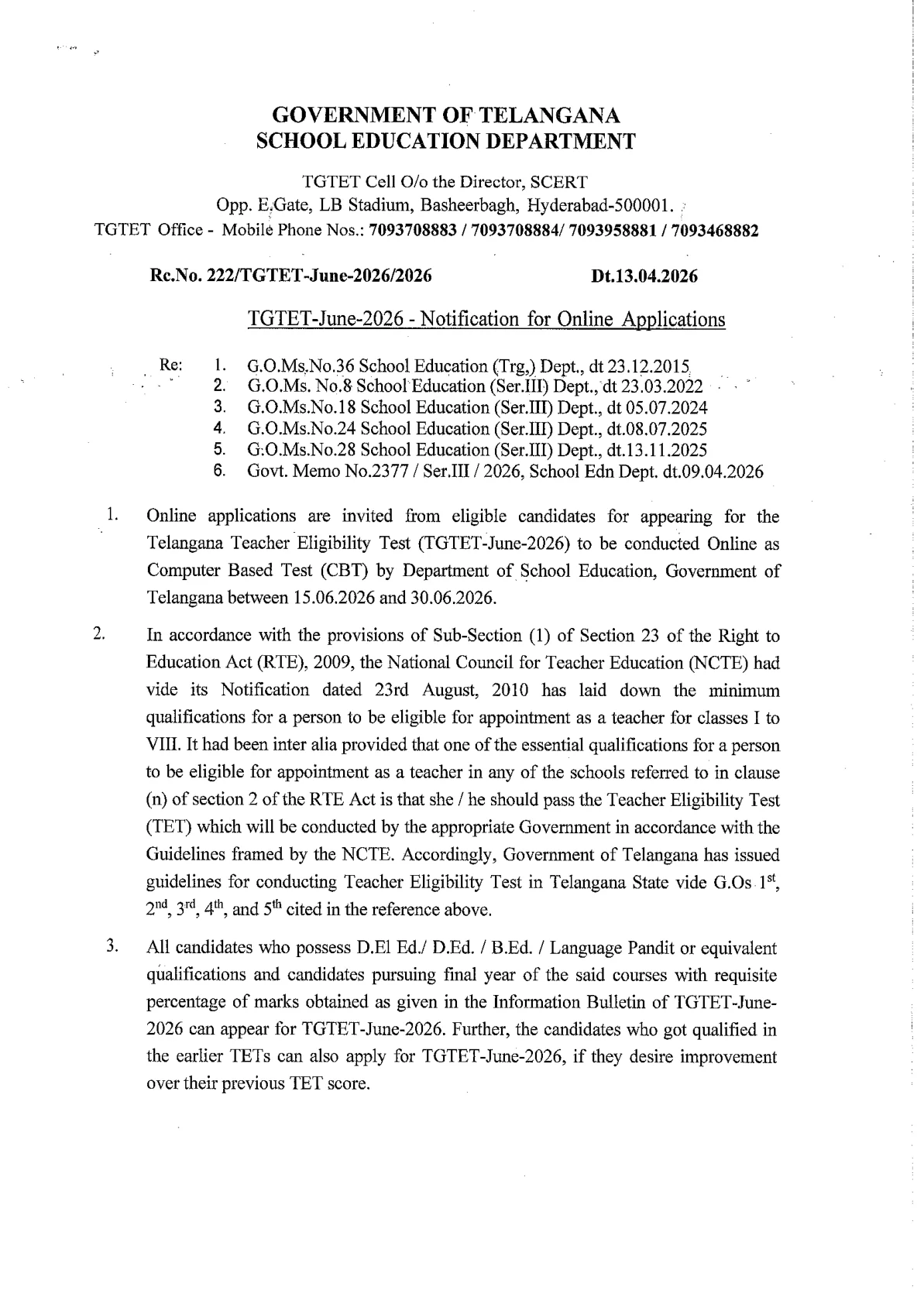 Official Eligibility Details for TGTET Notification 2026 – Eligibility, Exam Date, Application Form & Details