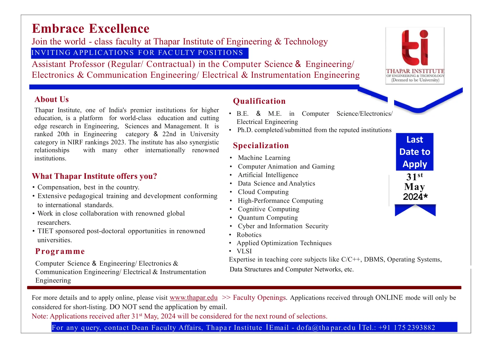 Official Recruitment Notification for Thapar Faculty Recruitment 2026 - Apply Online for Assistant Professor Posts