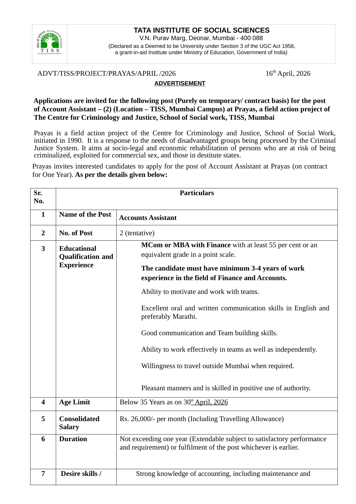 Official Recruitment Notification for TISS Accounts Assistant Recruitment 2026: eligibility, salary, apply online link and last date for 2 posts