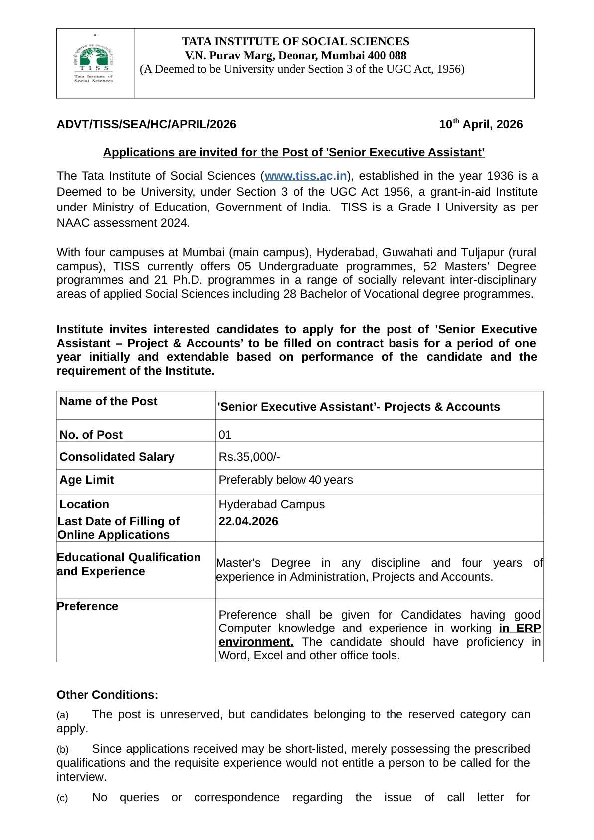 Official Recruitment Notification for TISS Senior Executive Assistant - Projects & Accounts Recruitment 2026 - Apply Online