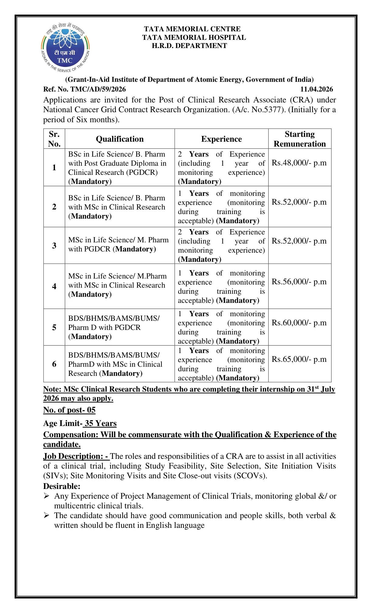 Official Recruitment Notification for TMC Clinical Research Associate Recruitment 2026 - Apply Online