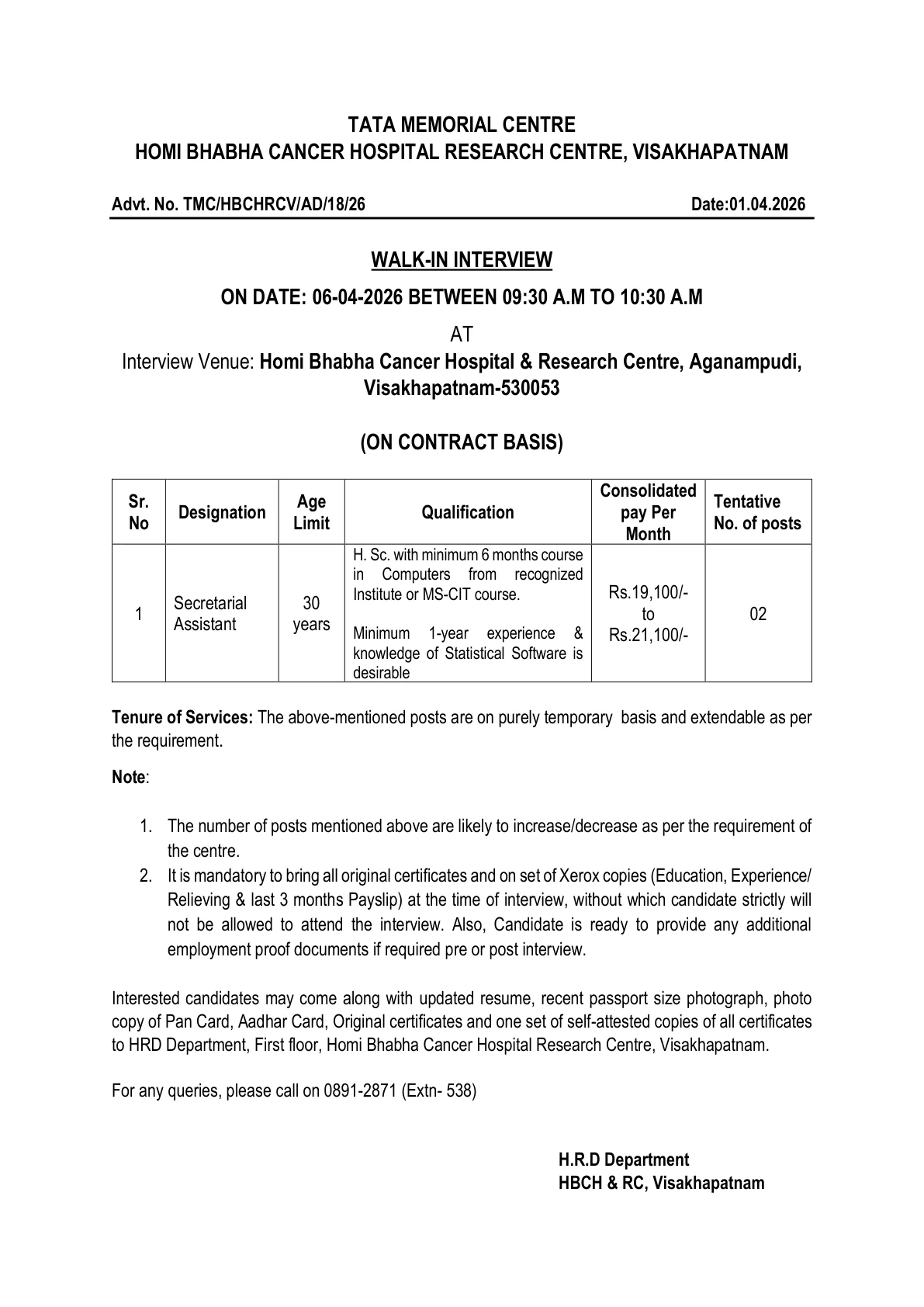 Official Recruitment Notification for TMC HBCHRC Secretarial Assistant Recruitment 2026 Walk-in for 2 Posts