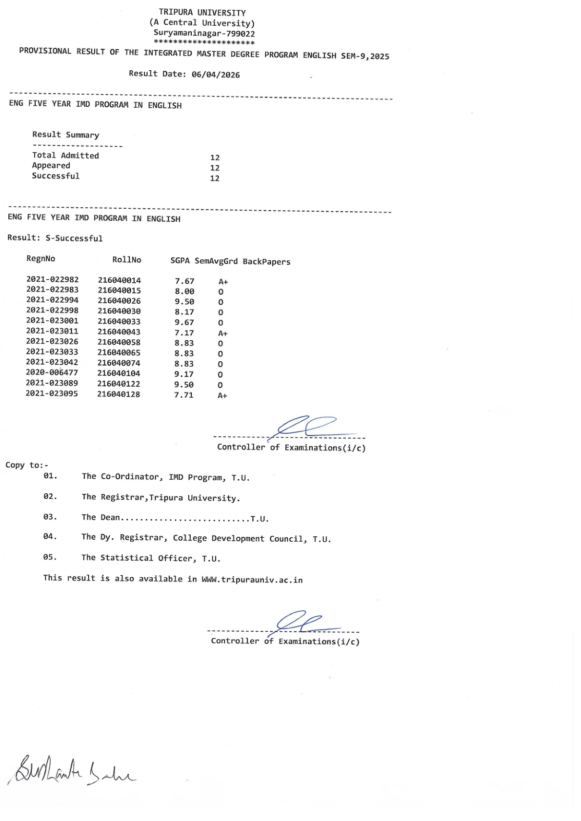 Official Recruitment Notification for Tripura University 9th Semester Result 2026 Out - Check IMD English Provisional Result Online