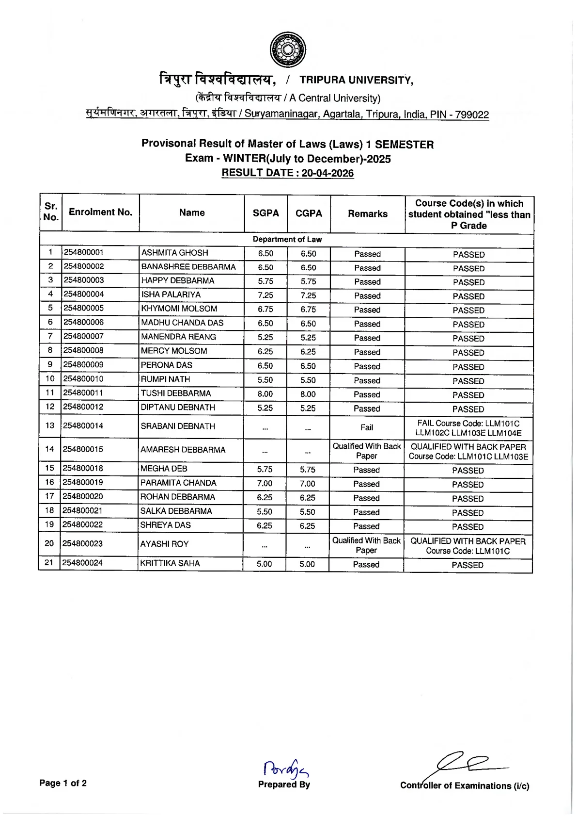Official Result Link for Tripura University Result 2026: Download LLM 1st & 3rd Sem and BPA 1st, 3rd, 5th Sem Result PDF