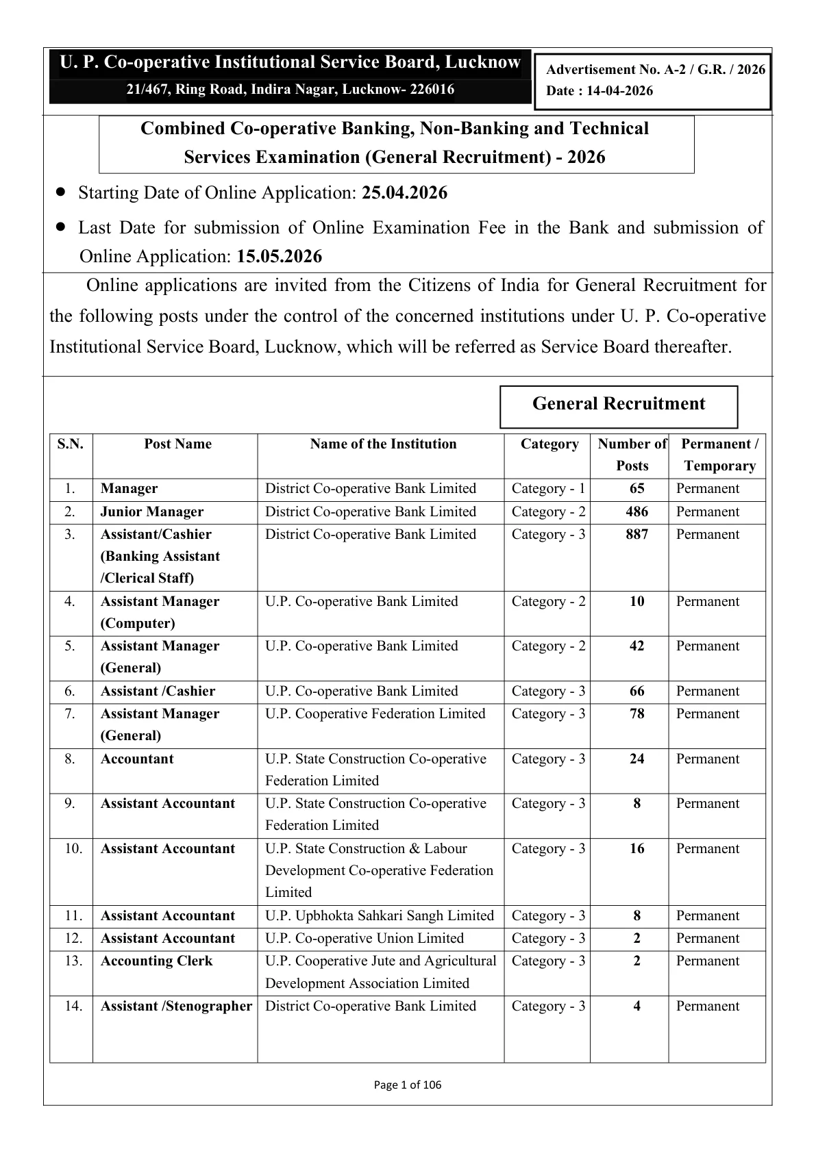 Official Recruitment Notification for UPCISB Recruitment 2026 for 2085 Vacancies: Clerk, Junior Manager, JE, Manager and Other Posts