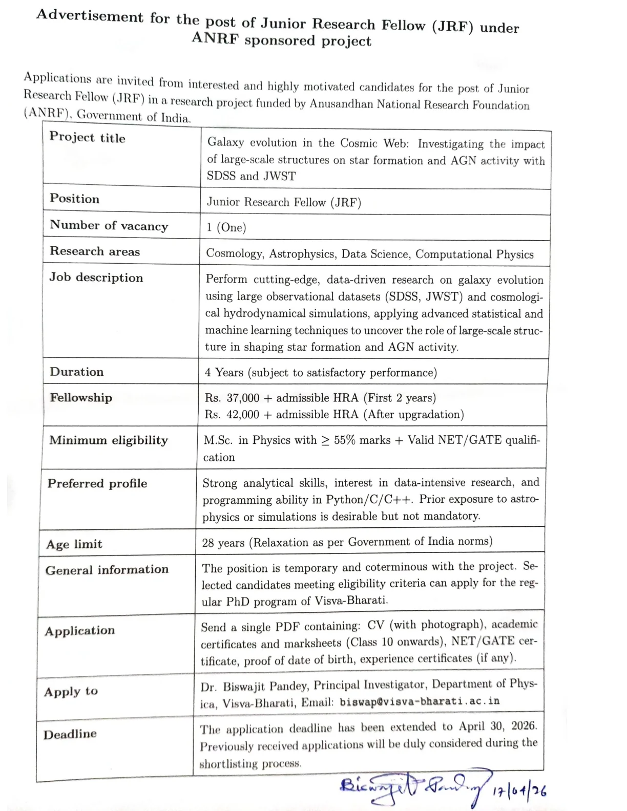 Official Recruitment Notification for Visva Bharati Junior Research Fellow Recruitment 2026: Apply Online for 1 JRF Post, Check Eligibility, Fellowship and Deadline