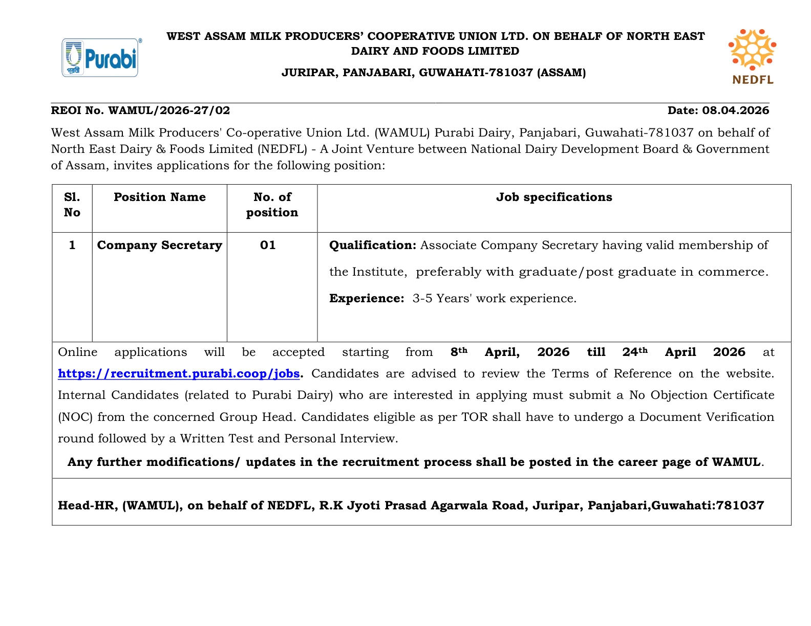 Official Recruitment Notification for WAMUL NEDFL Company Secretary Recruitment 2026: Check Eligibility, Salary, Last Date and Apply Online