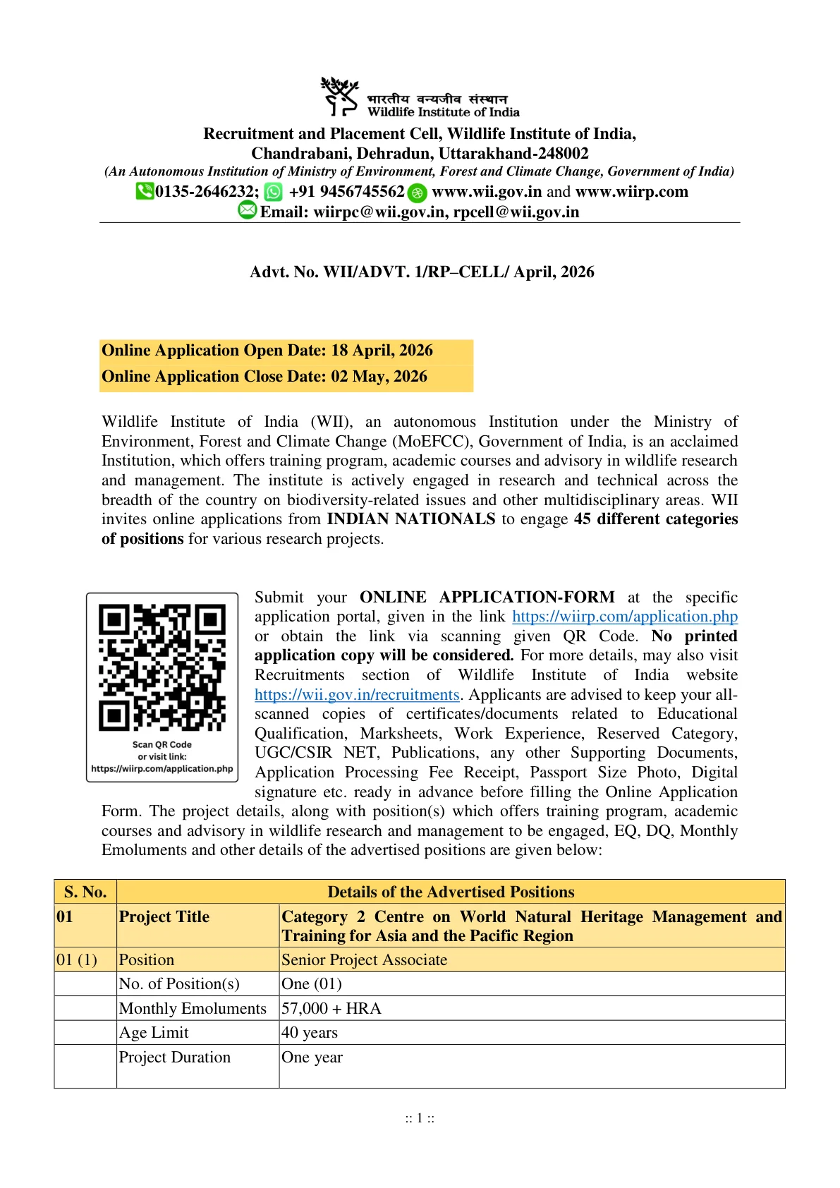 Official Recruitment Notification for WII Recruitment 2026 for 45 Project Posts: Eligibility, Salary, Fee and How to Apply